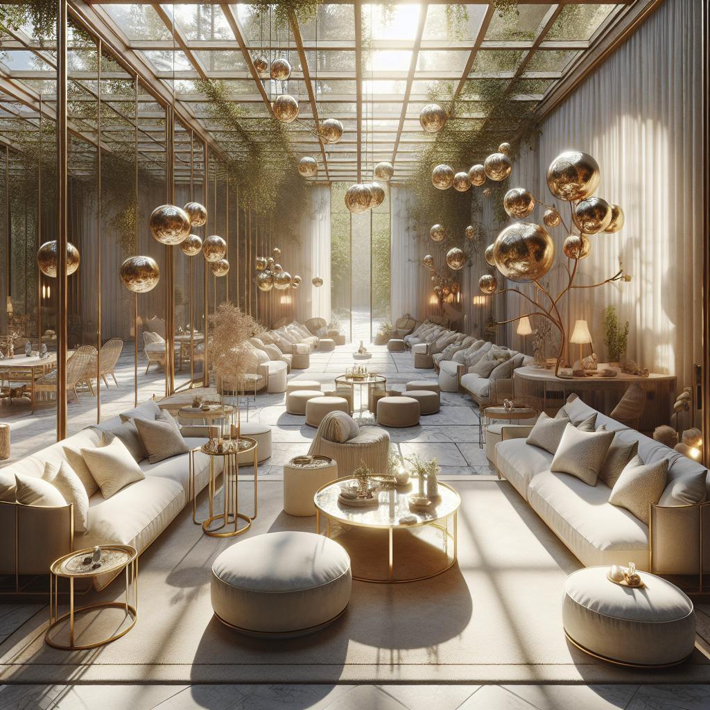 "Verfijnde glazen kas lounge met luxe interieur, comfortabele banken, gouden accenten en zwevende bolvormige lampen in een serene botanische sfeer."