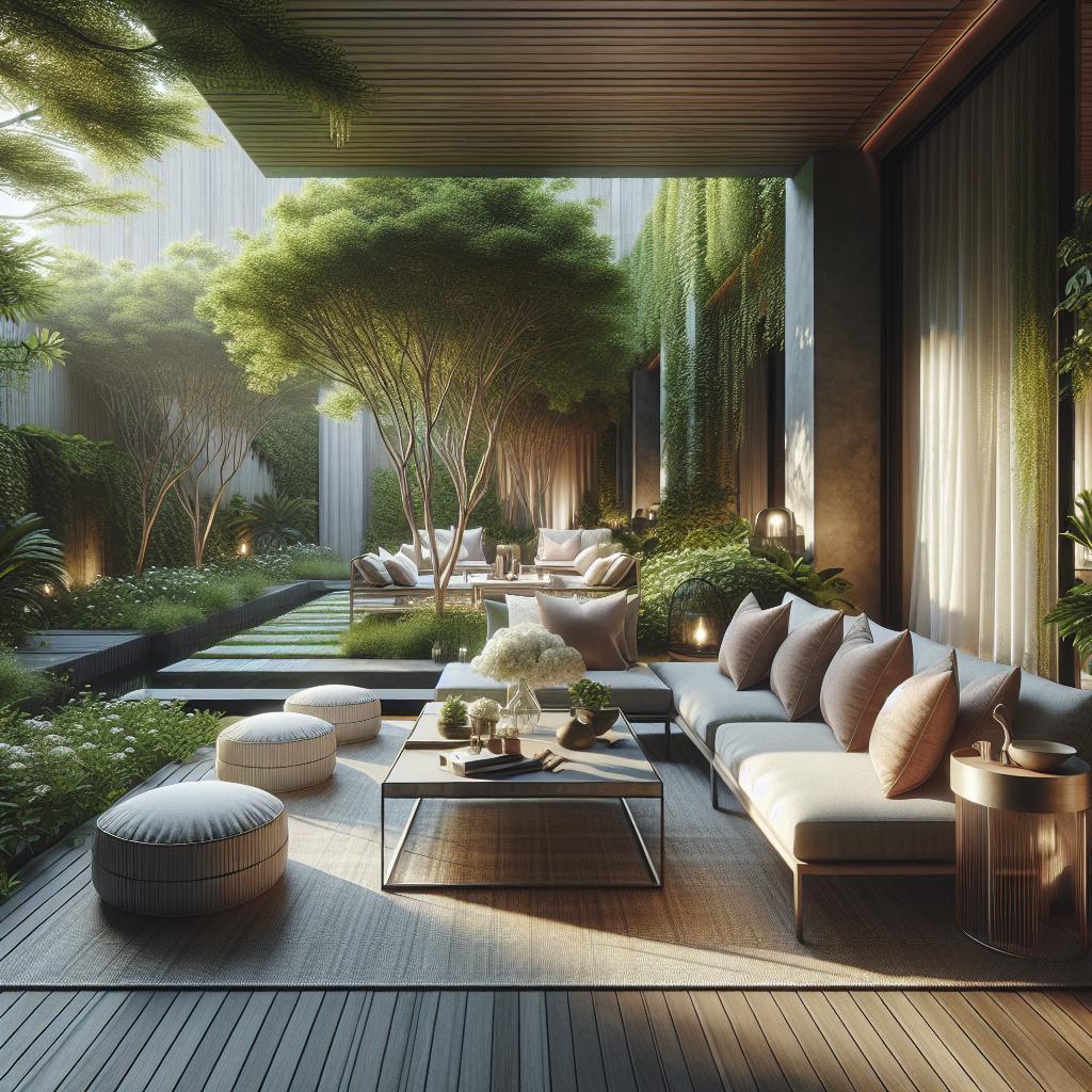 "Stijlvolle buitenlounge met moderne tuinmeubelen, omringd door weelderig groen en sfeervolle buitenverlichting in een luxe tuinontwerp."