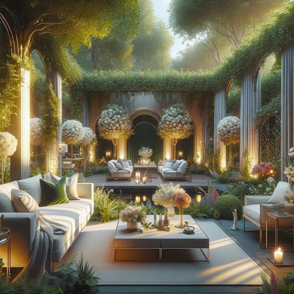 "Betoverende tuin met sfeerverlichting, luxe buitenlounge en weelderige beplanting in een romantisch avonddecor."