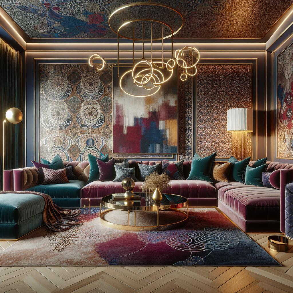 Foto van luxe maximaal interieur: mix van kleuren, patronen en Scandinavische elegantie.