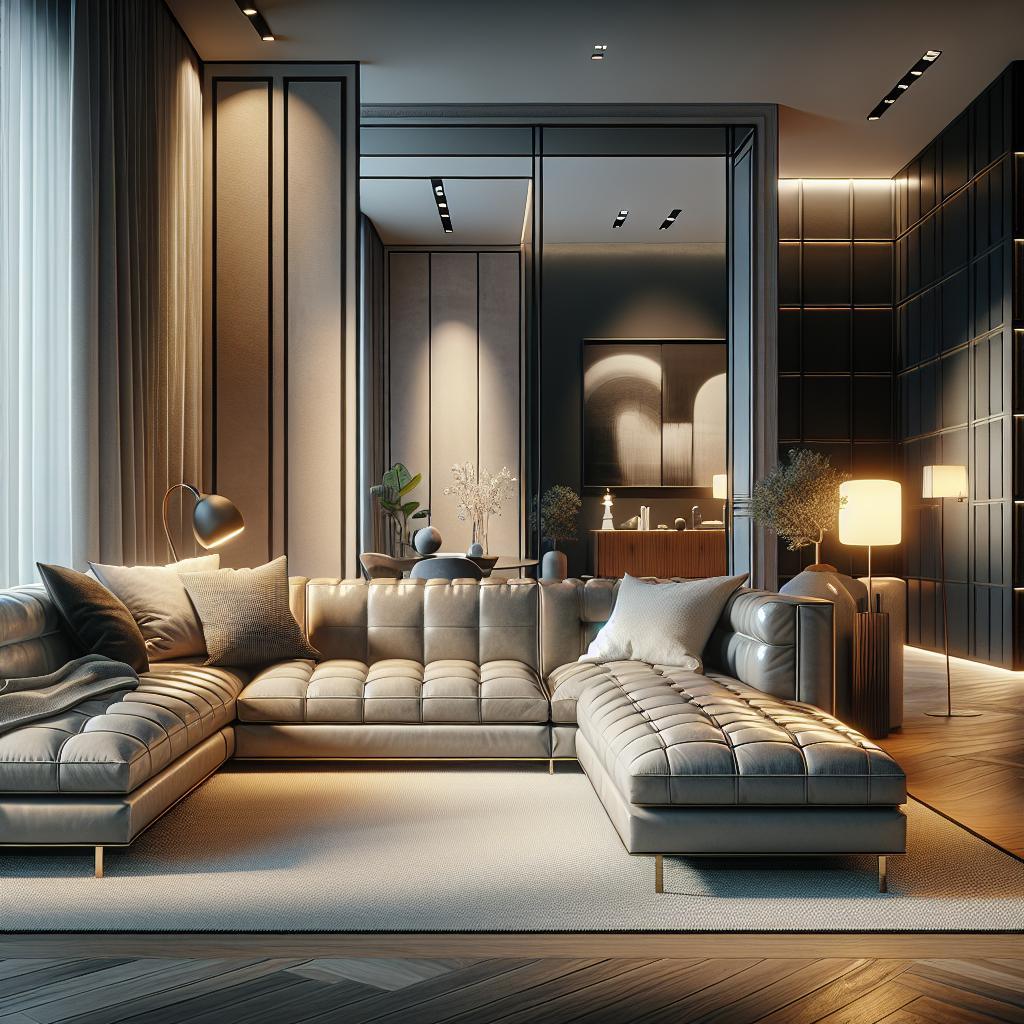 "Stijlvol interieurontwerp van een luxe woonkamer met elegant leren sectioneel bankstel, designer verlichting, moderne kunst decoratie en ingebouwde boekenplanken in een chique stedelijke residentie."