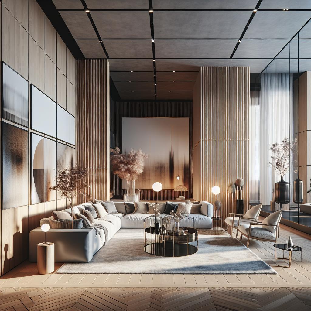 Futuristic minimalist living space with Scandinavian and hotel chic fusion interior design.