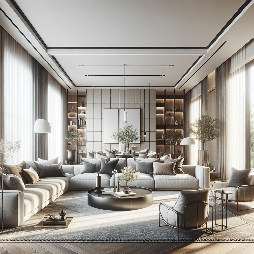 Afbeelding van luxueuze woonkamer in Scandinavische stijl met minimalistisch design en neutrale kleuren.