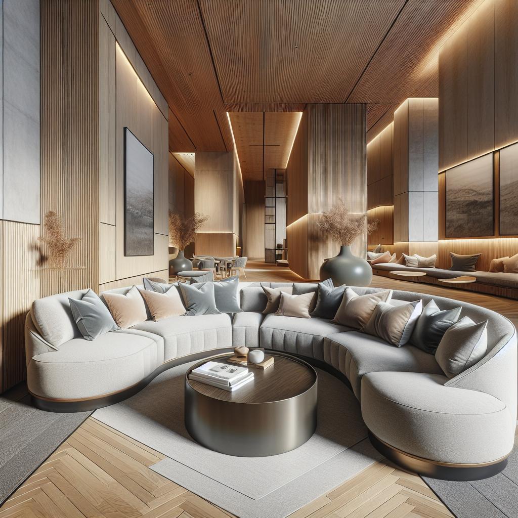 Hoekbanken van 2024 in luxe Scandinavisch-chique hotelsetting - hyperrealistische foto.