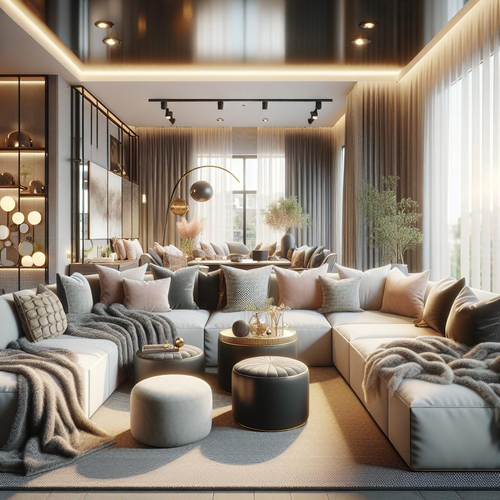 "Sfeervolle en stijlvolle inrichting van een luxe woonkamer met grote raampartijen, elegante lichtgrijze hoekbank met veel kussens, moderne zwarte salontafels, sfeerverlichting, en decoratieve planten in een hedendaags interieur met warme aardetinten."