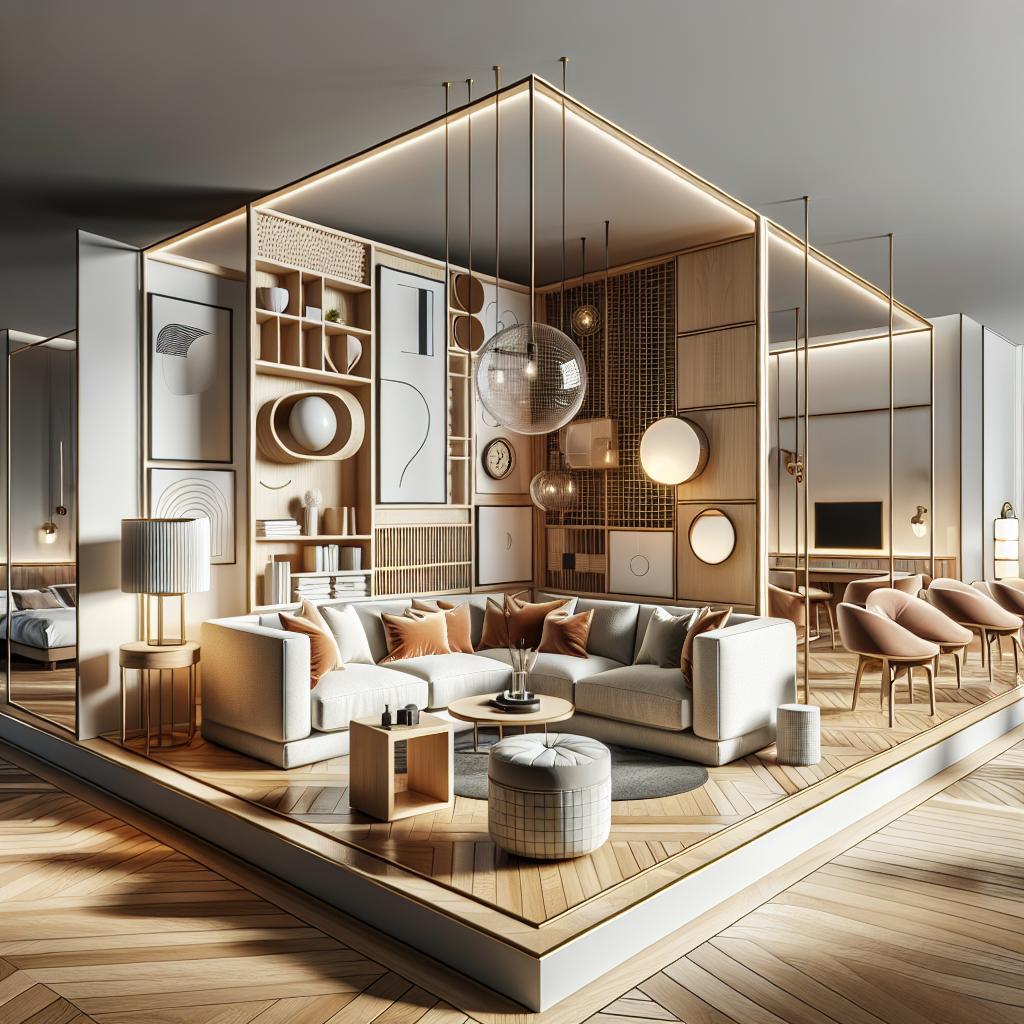 "Stijlvol interieurontwerp van een luxe woonkamer met elegante meubels, houten vloeren, moderne verlichting en decoratieve wandelementen."