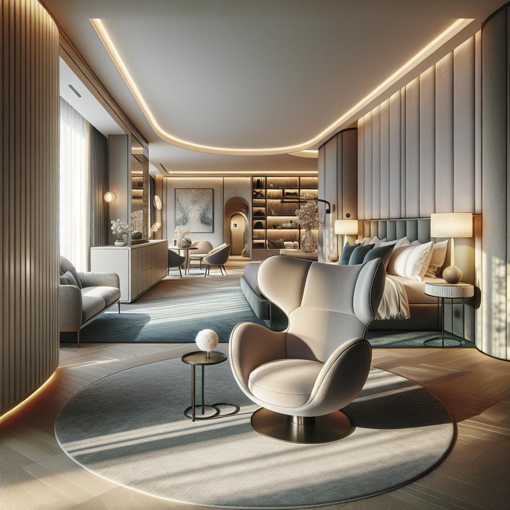 Fotografie van luxe en comfortabel hotelkamer met iconische Draaifauteuil Teddy stoel.
