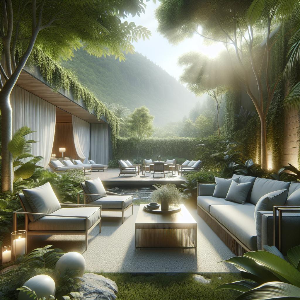 "Stijlvolle buitenlounge met moderne tuinmeubels in een luxe resort, omgeven door weelderige tropische vegetatie en een rustgevende bergachtergrond."