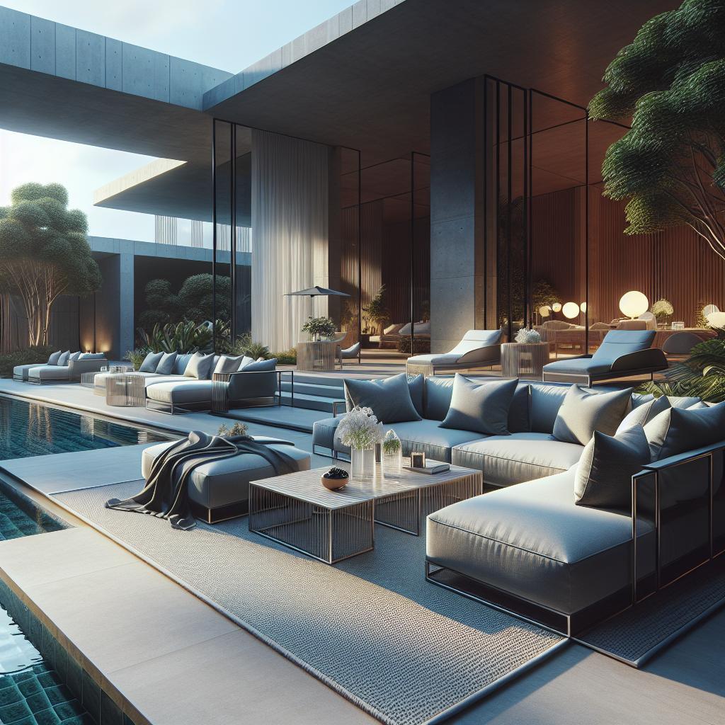 "Elegant buitenloungegedeelte met moderne grijze sectionele sofa's, strakke koffietafels, decoratieve kussens en sfeervolle verlichting bij schemer, omringd door waterpartijen en weelderige planten in een luxe architectonisch ontwerp."