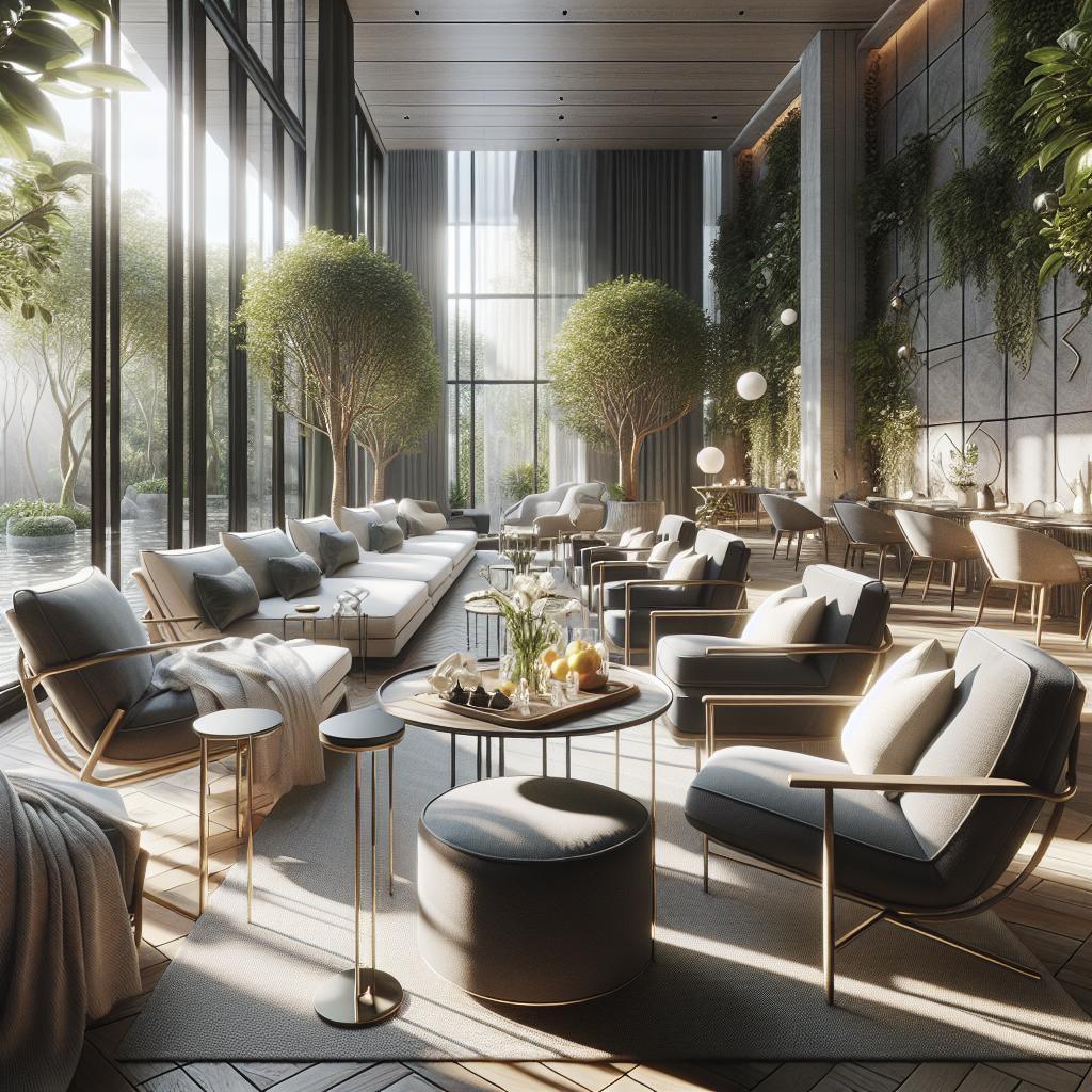 "Stijlvol interieur van een luxe lounge met hoge plafonds en panoramische ramen met uitzicht op een weelderige tuin, voorzien van moderne meubels met metalen accenten en omgeven door kamerplanten en natuurlijk licht"