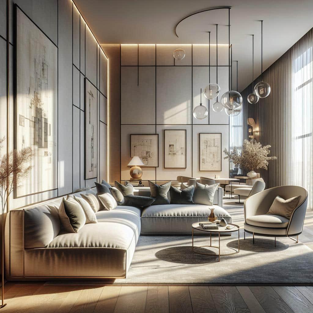 Afbeelding van luxueuze hoekbank in modern interieur met Scandinavische en hotel chic stijl.