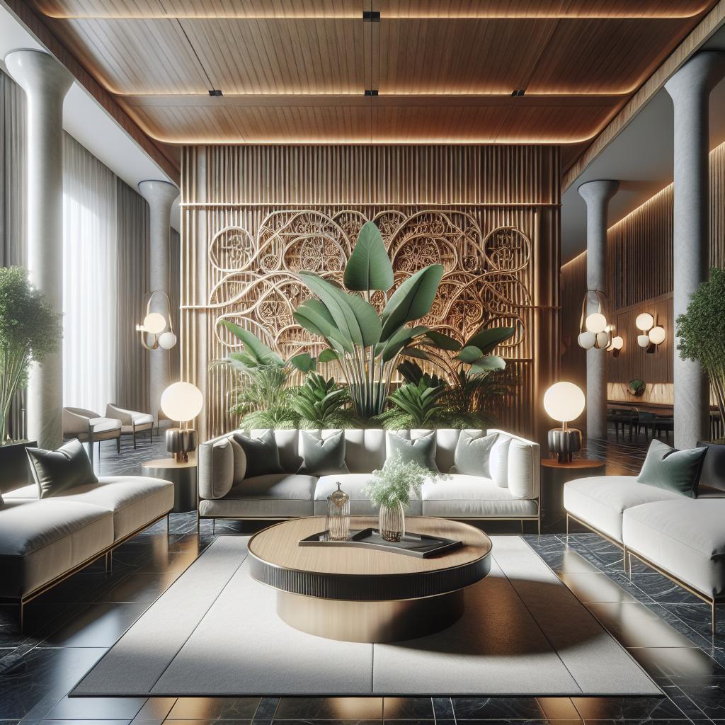 "Elegant interieurontwerp van een luxe woonkamer met stijlvolle decoratie, moderne meubels, grote kamerplanten, houten accenten, en een artistieke wandpaneel."