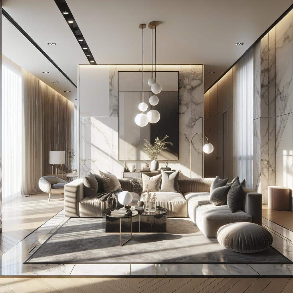 "Modern Scandinavian elegance meets luxurious hotel chic in stylish living room interior."