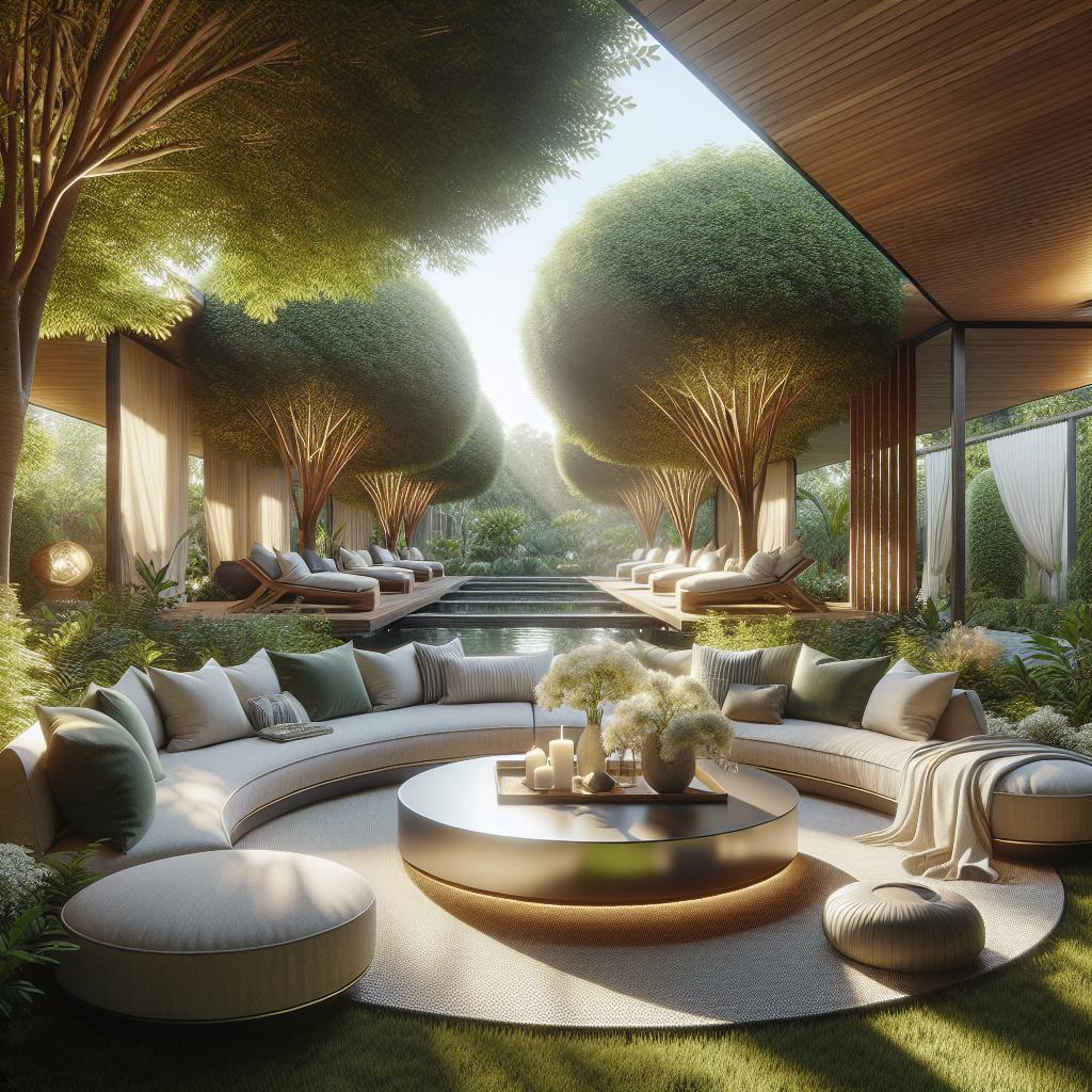 "Luxe buitenlounge met ronde, modulaire sofa en sfeervolle kussens, geplaatst onder een pergola omgeven door weelderig groen en gestileerde bomen, rustgevende waterelementen, in een ontspannende tuin met natuurlijke verlichting en moderne inrichting."