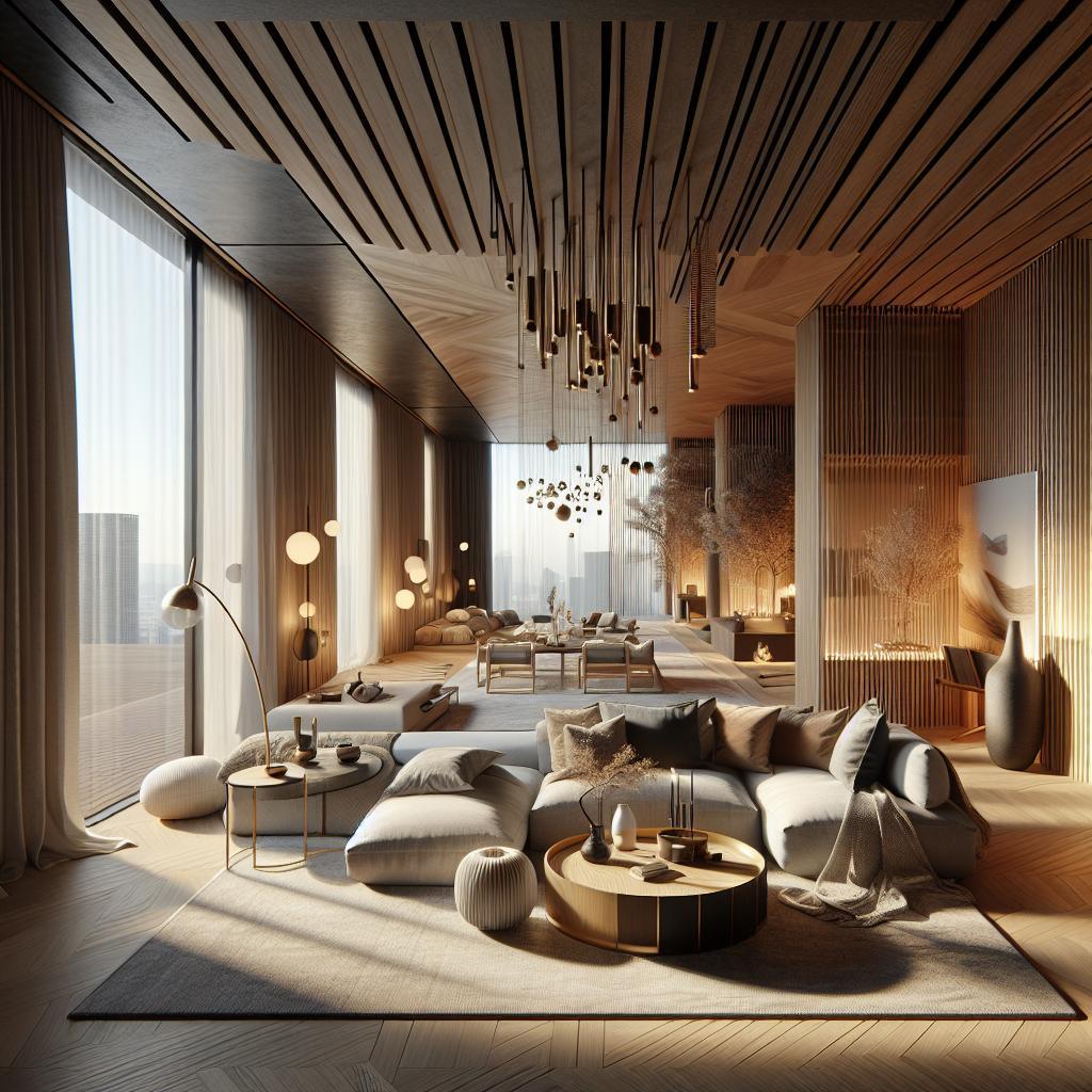 Foto van modern-elegante woonruimte met Scandinavische en luxe hotelstijl, 2025 interieurtrends.