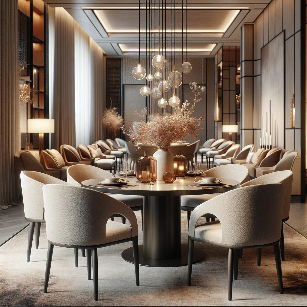 "Elegante eetkamer in een luxe hotel met ronde eettafel en comfortabele stoelen, sfeervolle hanglampen, en stijlvolle decoratie in een modern interieurontwerp."