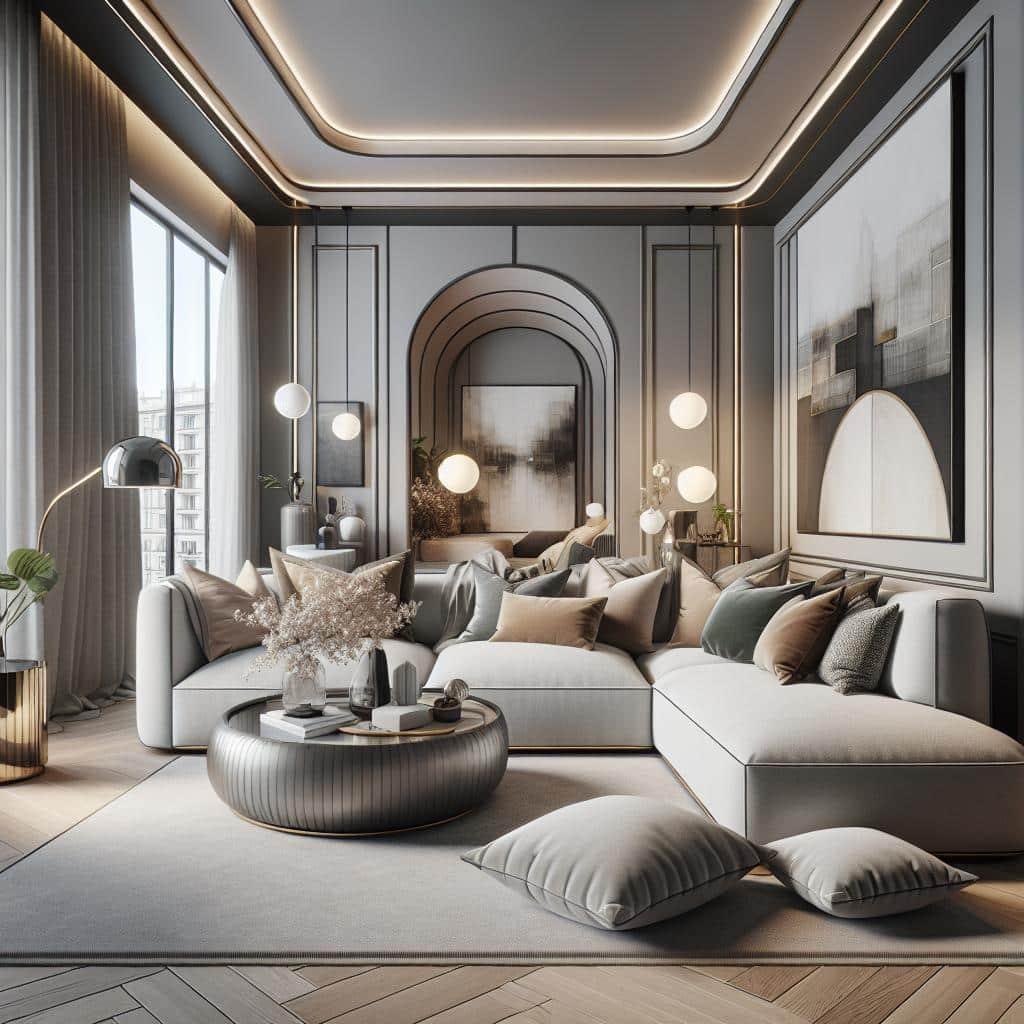 Foto van moderne Scandinavisch geïnspireerde hoekbank in luxueuze hotel chic interieur.