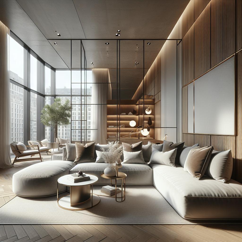 Afbeelding van een chique Scandinavische loungesfeer met hoekbank en luxe uitstraling.