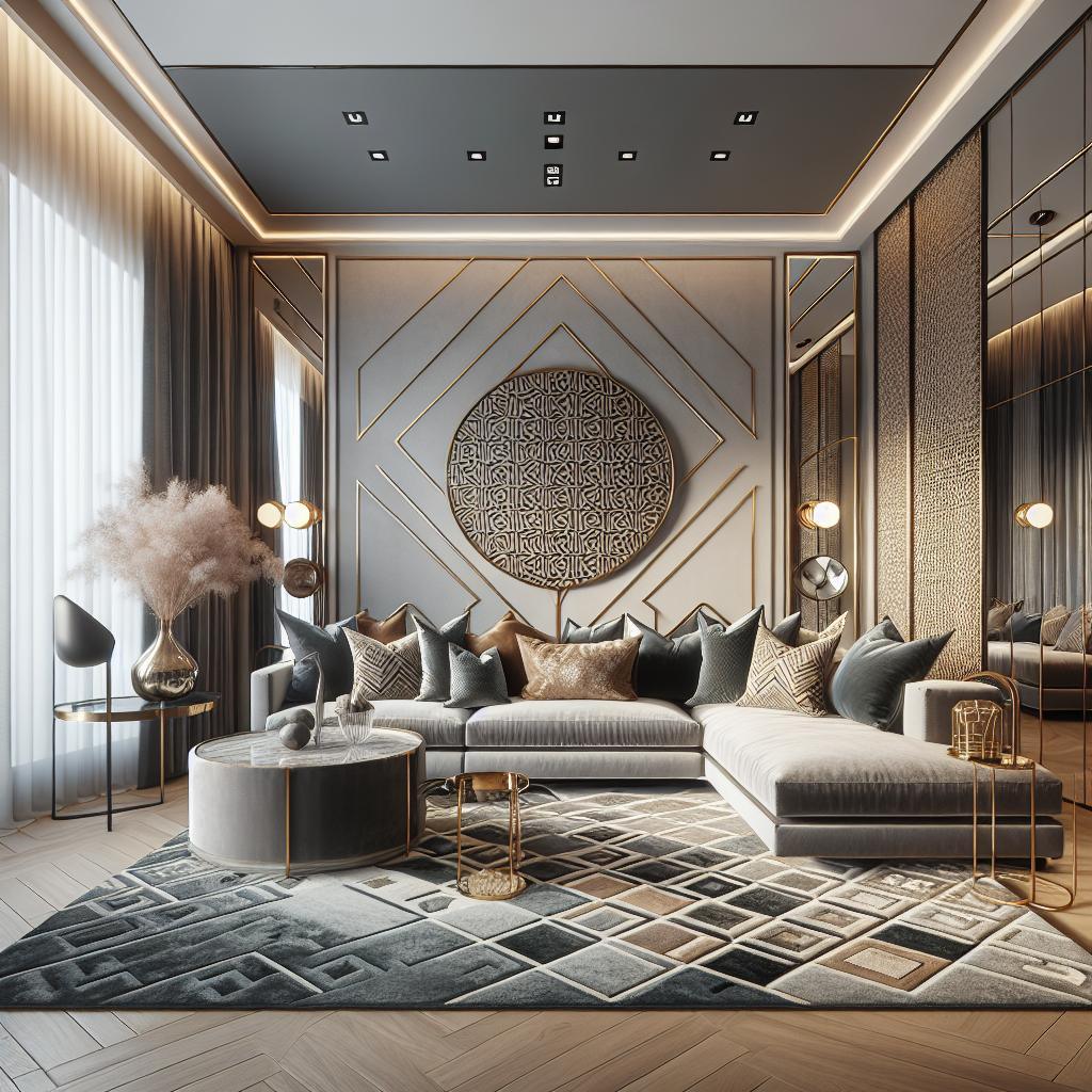 Foto van luxe hoekbank in Scandinavische- en chique hotelsfeer met geometrische patronen.
