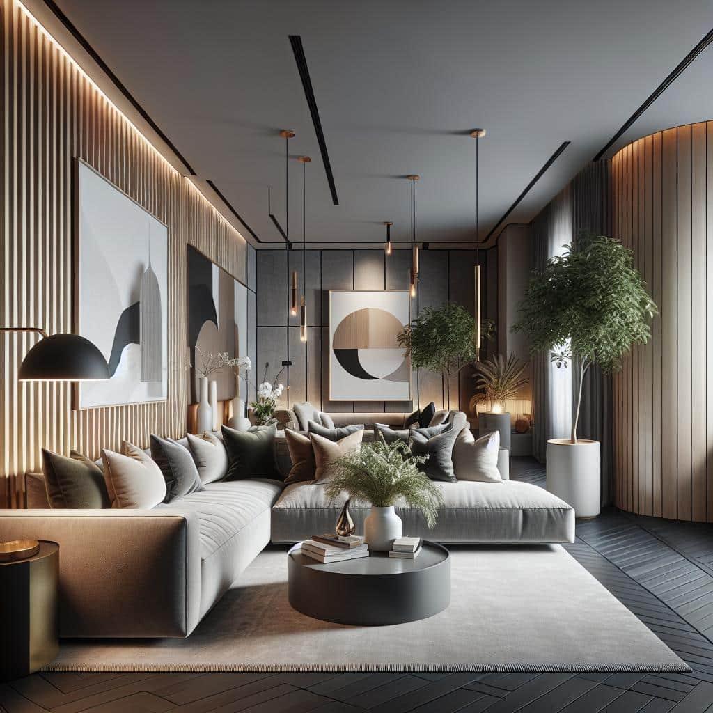 Alt text: Luxe Scandinavian living room with corner sofa, art pieces, and lush greenery.