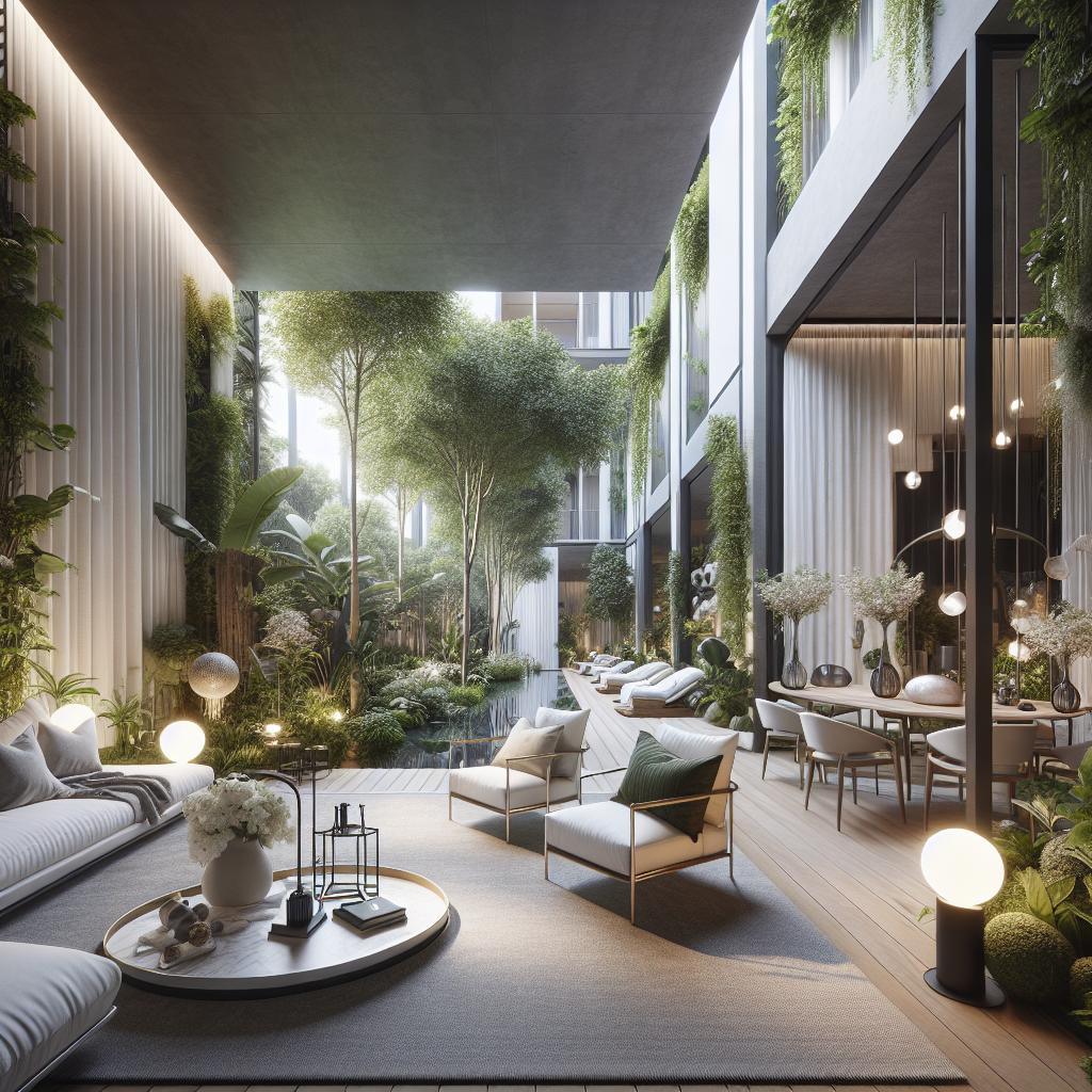 "Eigentijds design atrium met weelderige verticale tuinen, natuurlijke lichtinval, moderne zitmeubels en sfeervolle hangende verlichting in een luxe stedelijke omgeving."