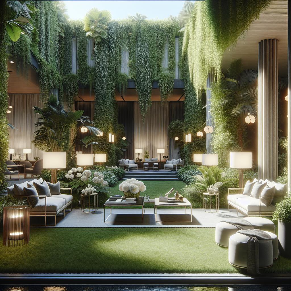 "Urban jungle stijl lounge ruimte met weelderig groen, hangende planten, moderne witte bankstellen, strakke glazen tafels, sfeerverlichting en luxueuze architectonische details."