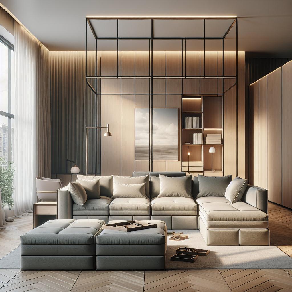 "Elegant interieurontwerp van een ruime, luxe woonkamer met grote hoekbank, houten boekenkasten, verfijnde verlichting en hedendaagse kunst aan de muur, met een harmonieuze mix van natuurlijke materialen en textuurcontrasten."