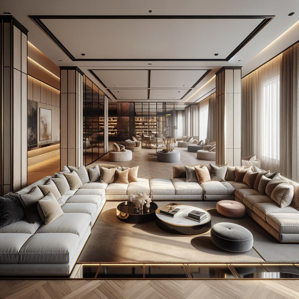 "Ruime en elegante woonkamer in een luxe hotel met modulaire banken, gestroomlijnde salontafels, ingebouwde boekenplanken, designer verlichting en grote ramen met lange gordijnen."