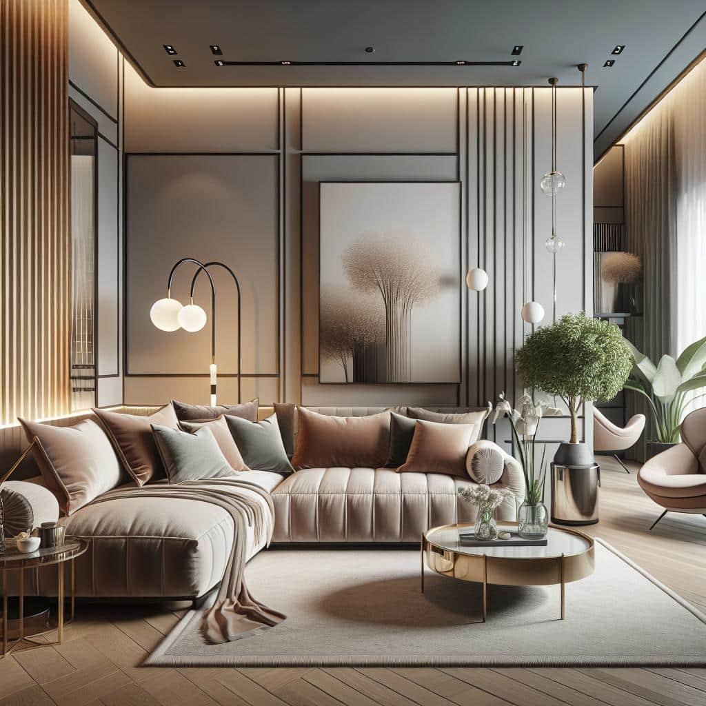 Elegante hoekbank in trendy kleuren, modern Scandinavisch interieurdesign, sfeervolle verlichting.