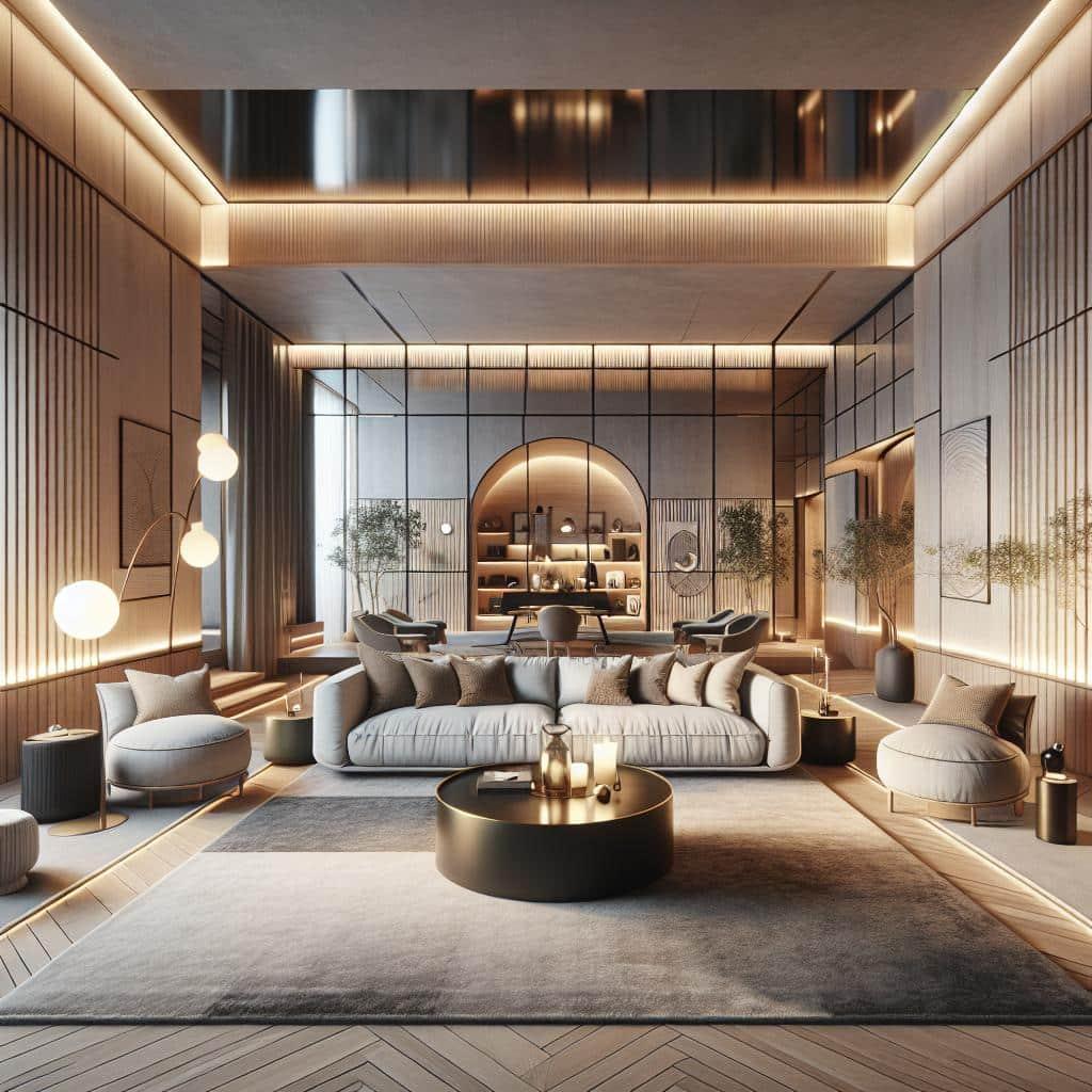 Hoekbank Woonkamer in luxurious Scandinavian hotel chic living room, 2024.