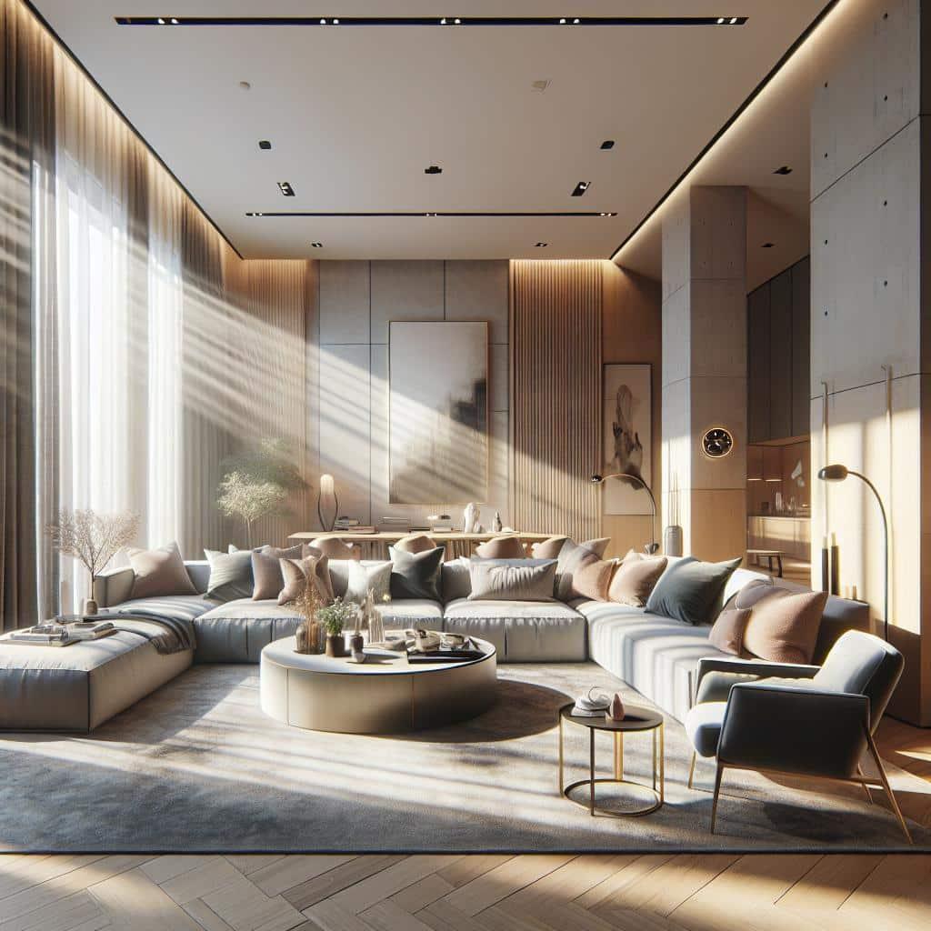 Afbeelding van luxe, modern Scandinavisch geïnspireerde woonkamer in 2025 met hoekbank.