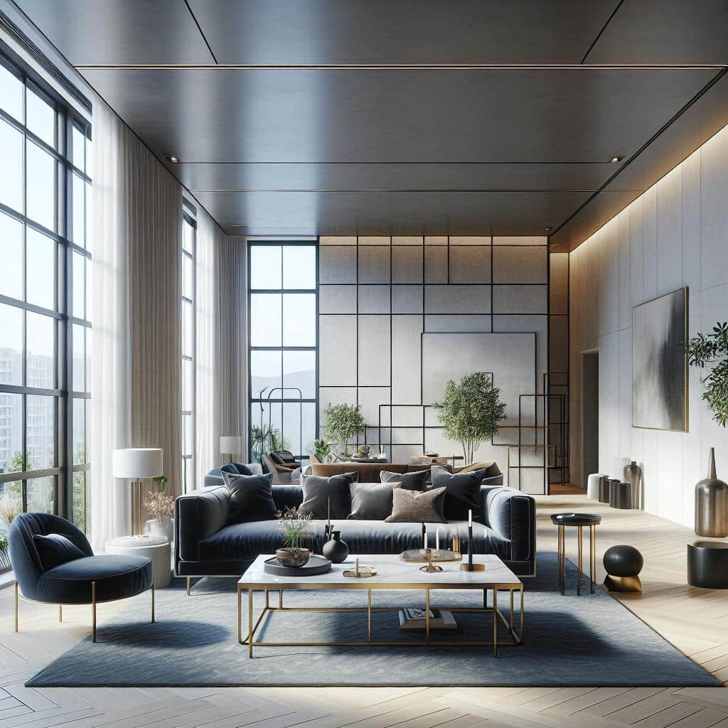 Alt text: Luxe navy blue sofa in airy Scandinavian living room with plush decor.