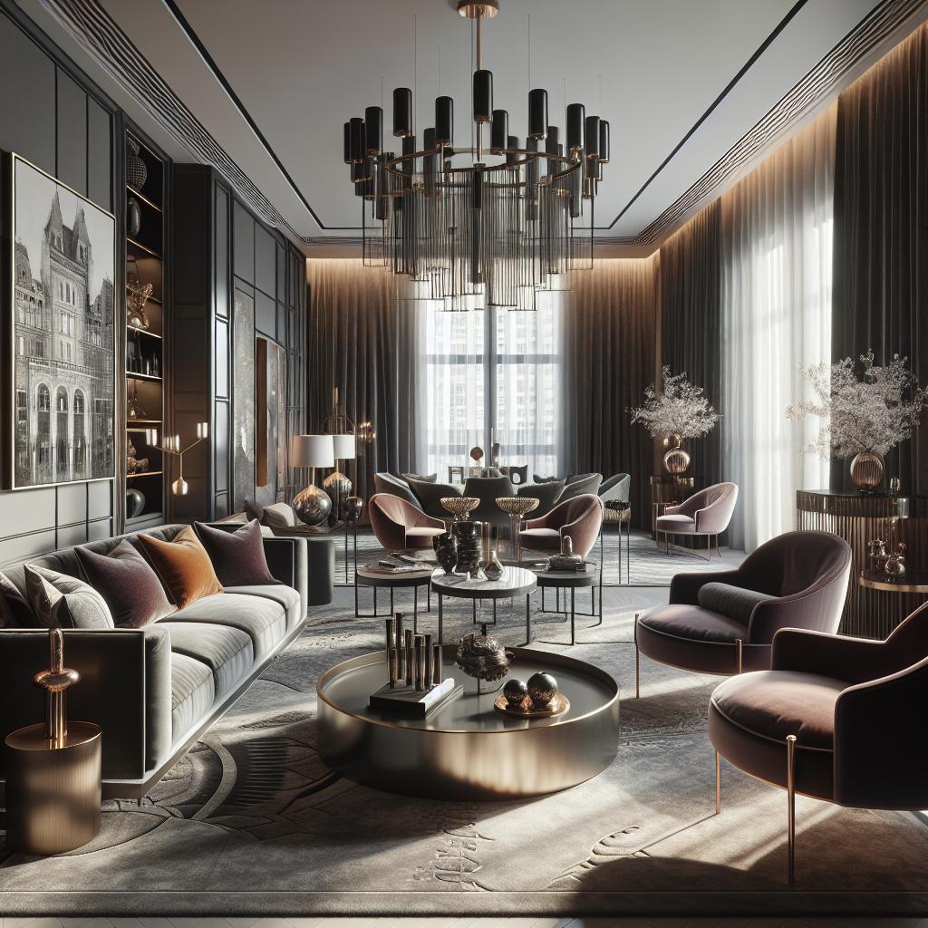 Moderne luxe woonkamer met Scandinavische stijl en chique accenten - hyperrealistisch beeld.