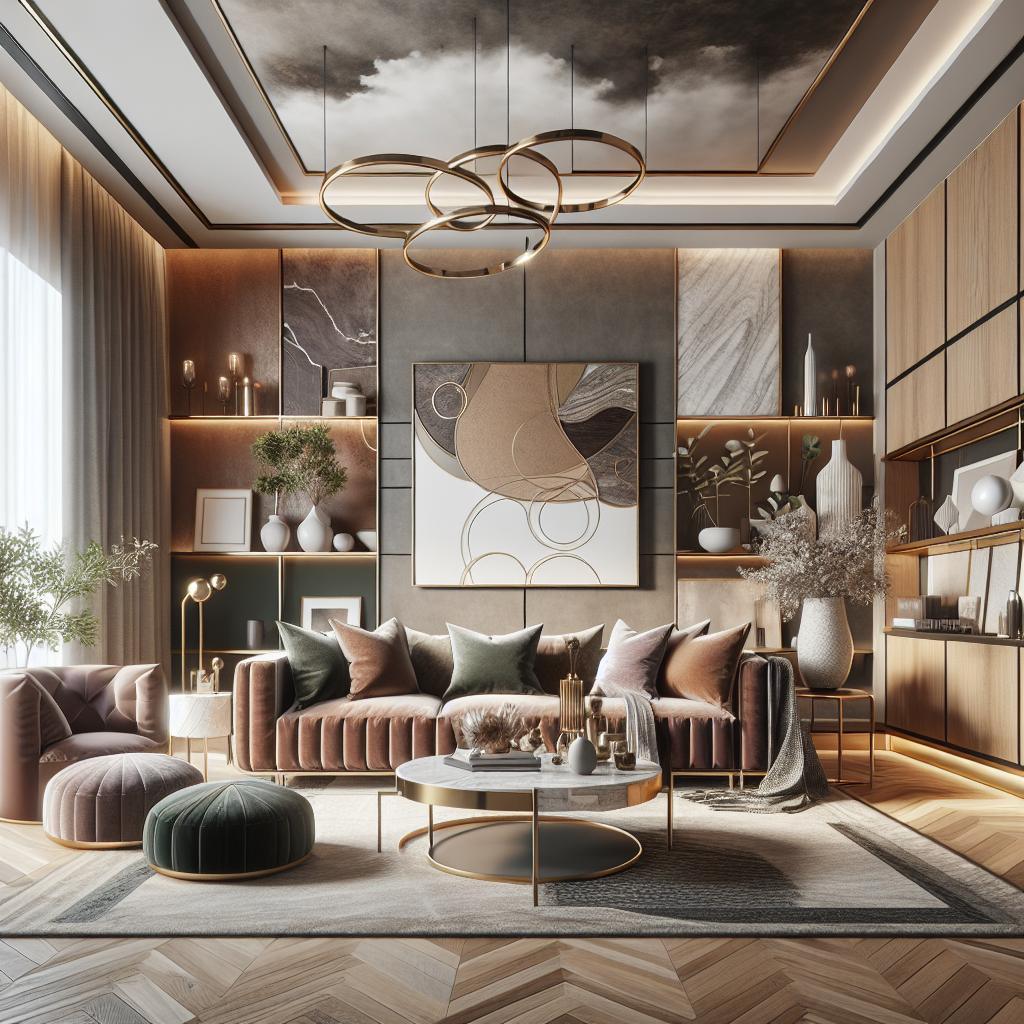 Futuristic interior design blending modern and Scandinavian elements in luxurious living room.