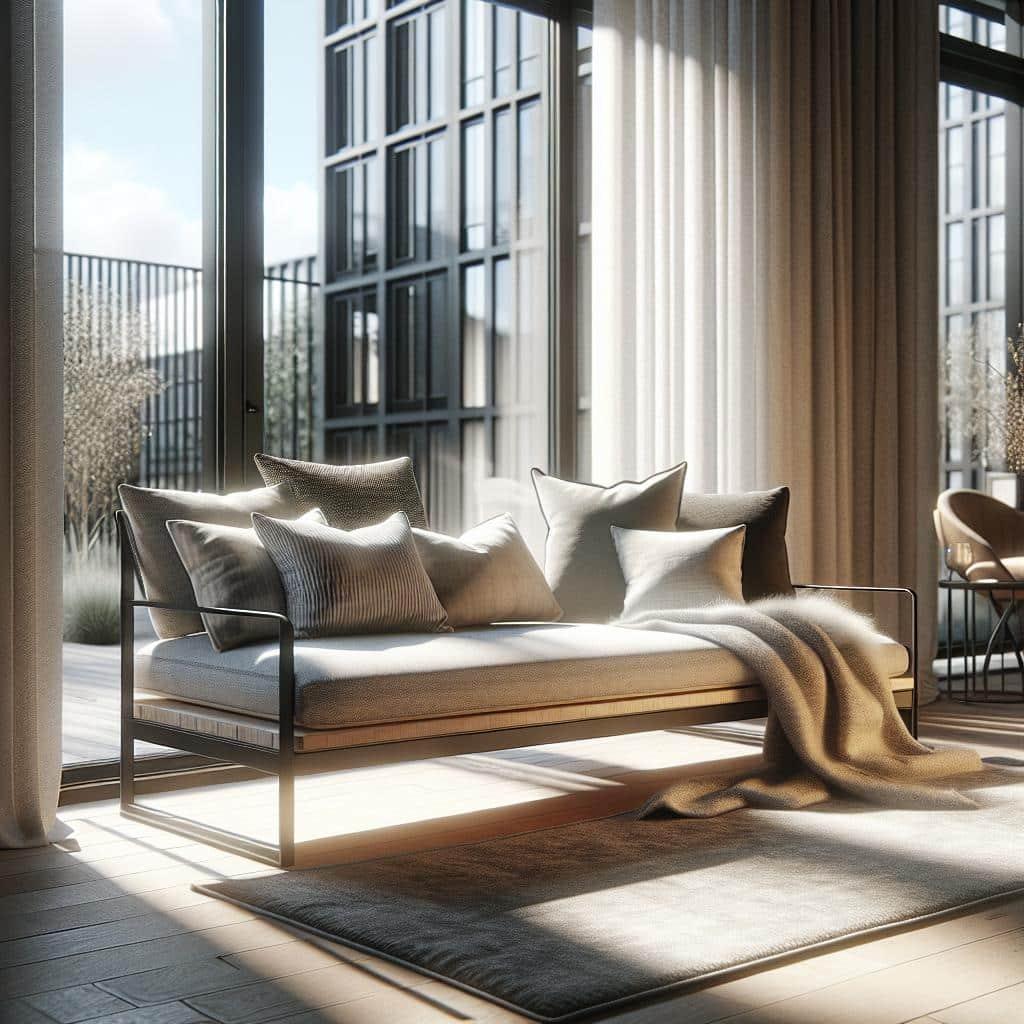 Minimalistische dagbed met kussens voor vloer-tot-plafond ramen, met zachte textiel en natuurlijk licht in een stijlvol interieur.