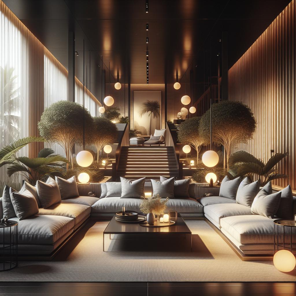 "Stijlvol interieurontwerp van een luxe lounge met grijze hoekbanken, sfeervolle verlichting, groene kamerplanten, en moderne decoratieve elementen."