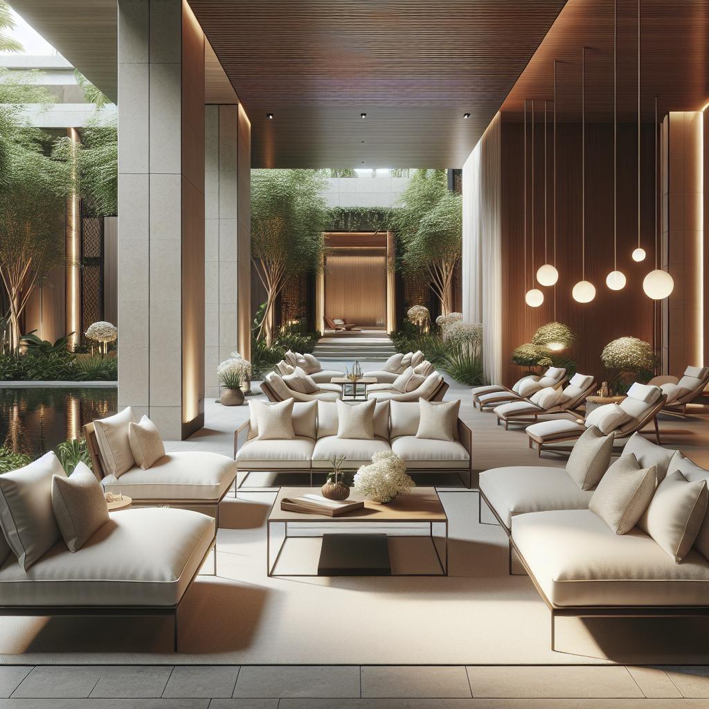 "Stijlvolle lounge met beige designbanken, houten panelen, sfeerverlichting, moderne architectuur en waterpartij in high-end hotellobby of luxe spa"