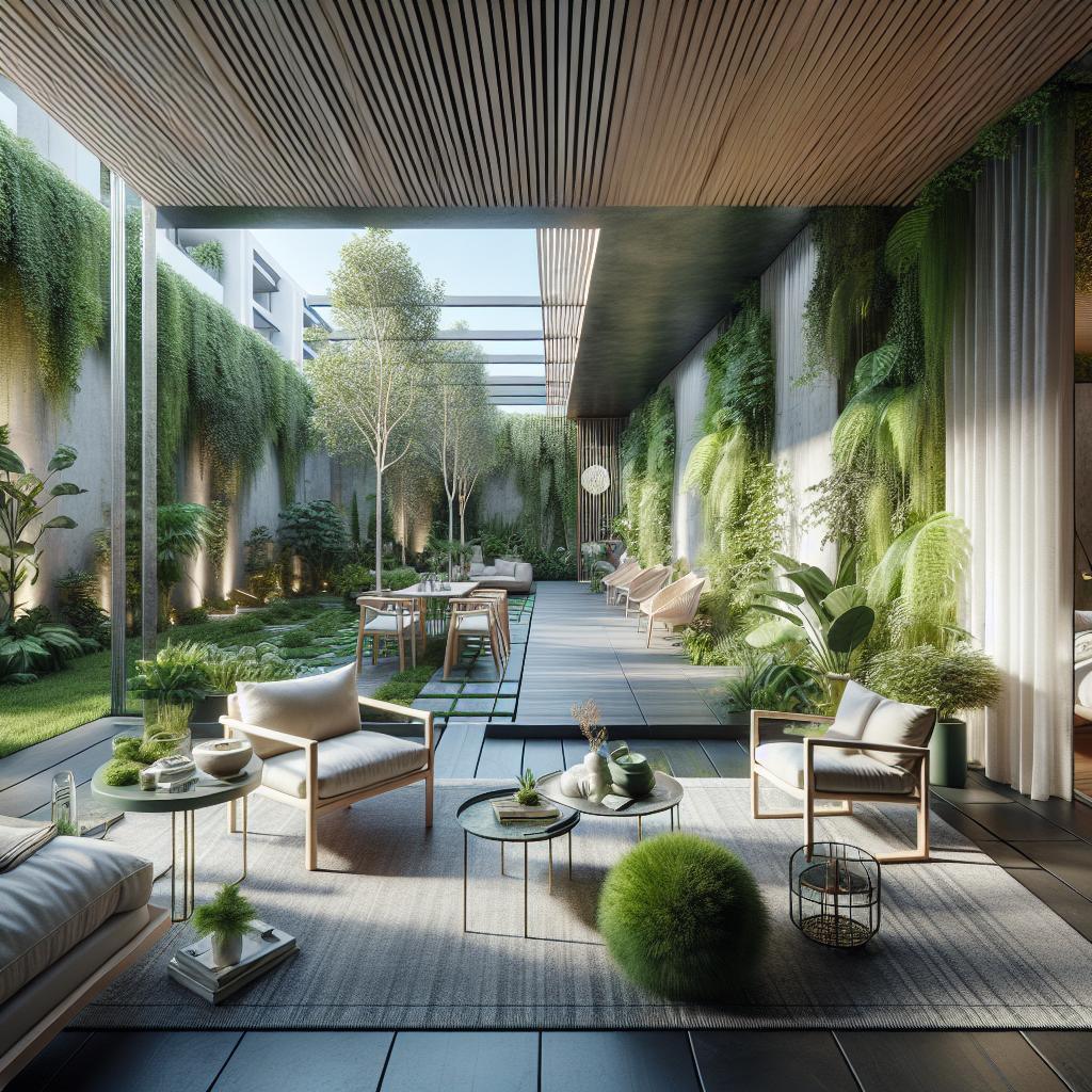 "Moderne groene buitenwoonkamer met verticale tuinen, strak tuinmeubilair, sfeervolle buitenverlichting en natuurlijke houten elementen."