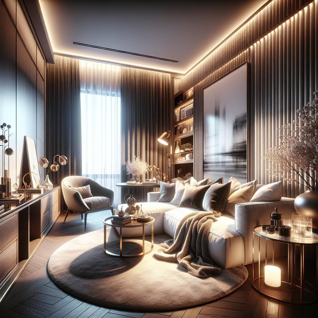 "Eigentijdse woonkamer met designmeubels, ingebouwde verlichting, grote ramen en artistieke decoraties"