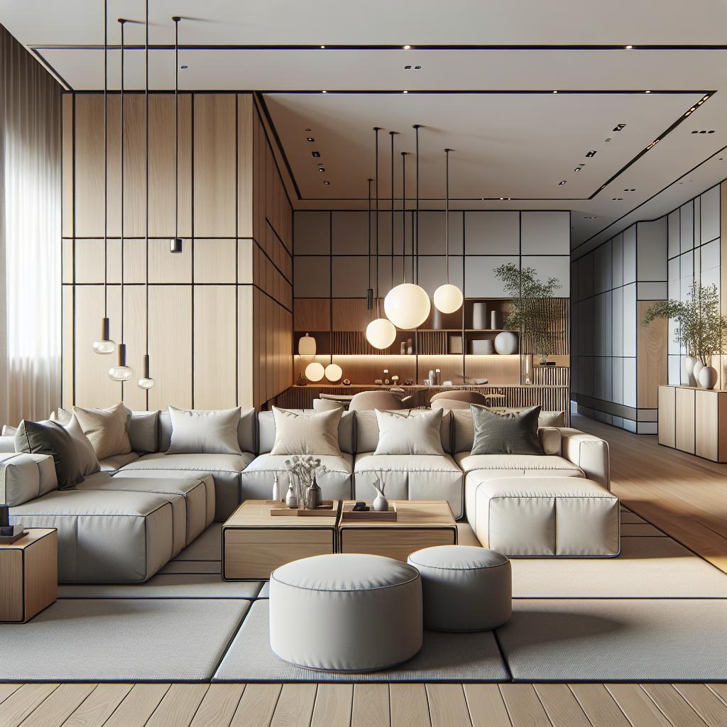 Hedendaags interieurontwerp van een woonkamer met modulaire beige zitbank, minimalistische hanglampen, houten lambrisering en gestileerde plantendecoratie.