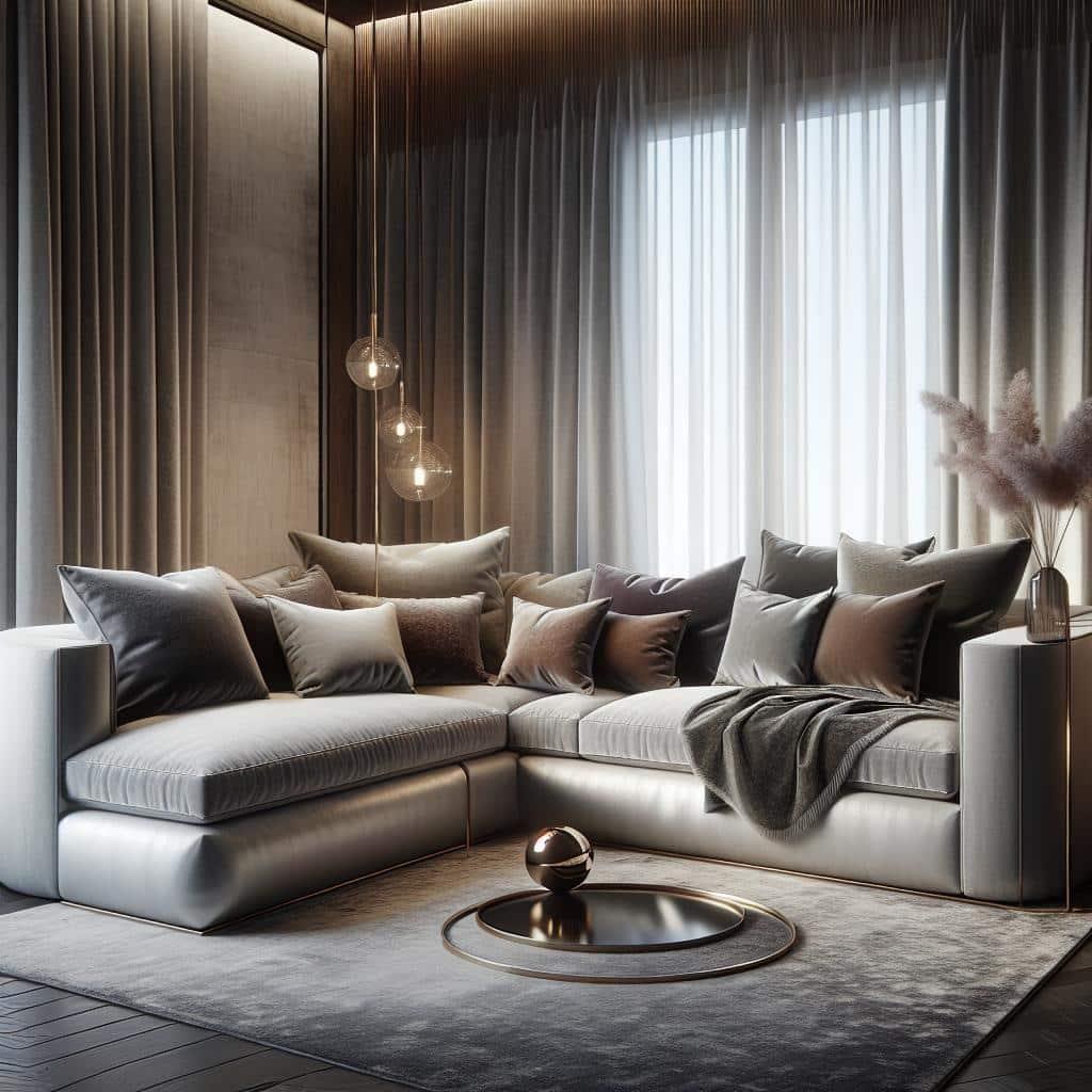 Luxueuze hoekbank met fluwelen kussens en metalen accenten, Scandinavisch minimalistisch design, hotel chic.