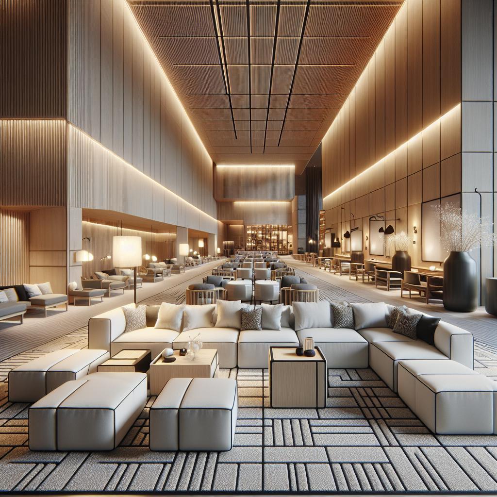 "Ruime, eigentijdse hotellobby met minimalistisch design, comfortabele modulaire zitbanken en sfeervolle verlichting."