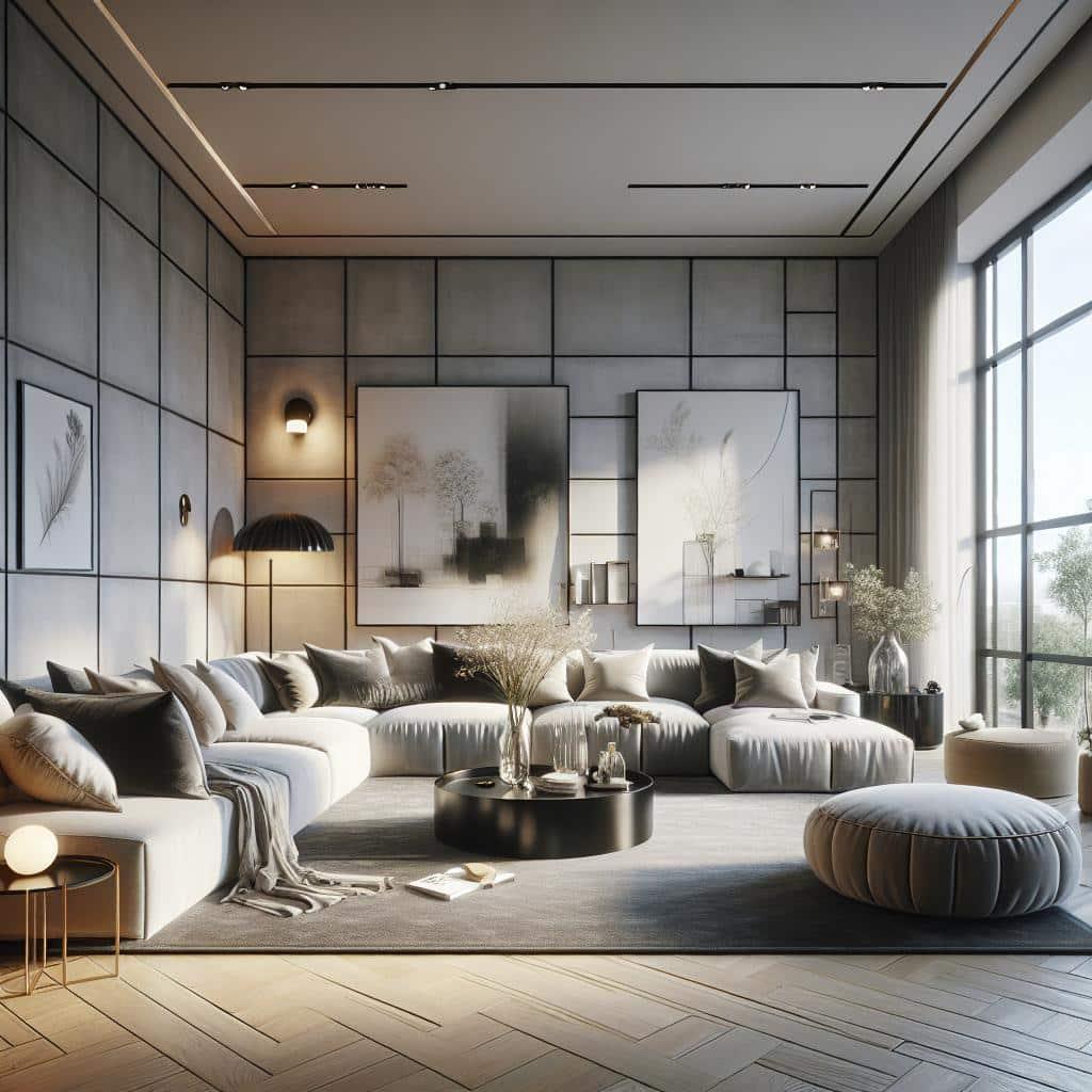 Luxe Scandinavisch hotel chic loungedeel met stijlvolle hoeksofa en verfijnde inrichting.