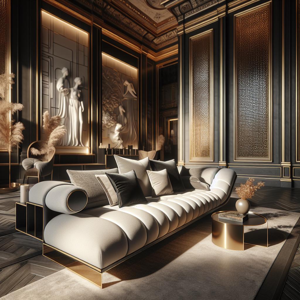 "Opulent Art Deco-geïnspireerde woonkamer met luxe fluwelen bank, elegante gouden accenten, klassieke paneelwanden en hoge plafonds met gedetailleerde sierlijsten."