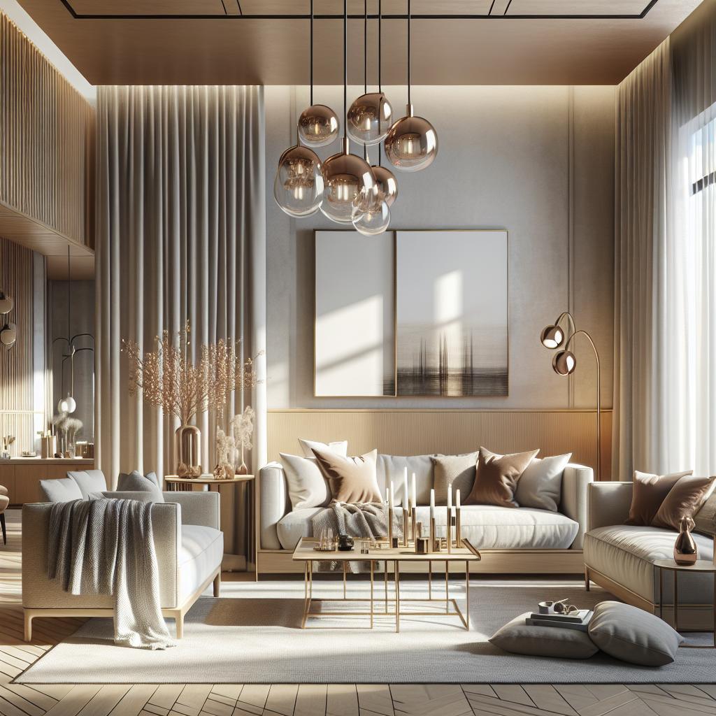 Moderne en luxueuze Scandinavische interieurdesign met strak meubilair en warme accenten.