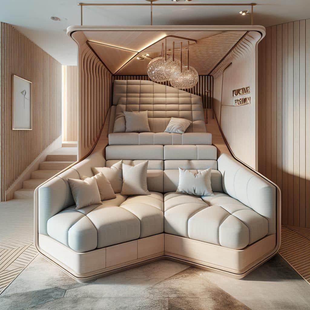 Afbeelding van "Ruimtebesparende hoekbank 2024" in luxe Scandinavische hotel-chique setting.