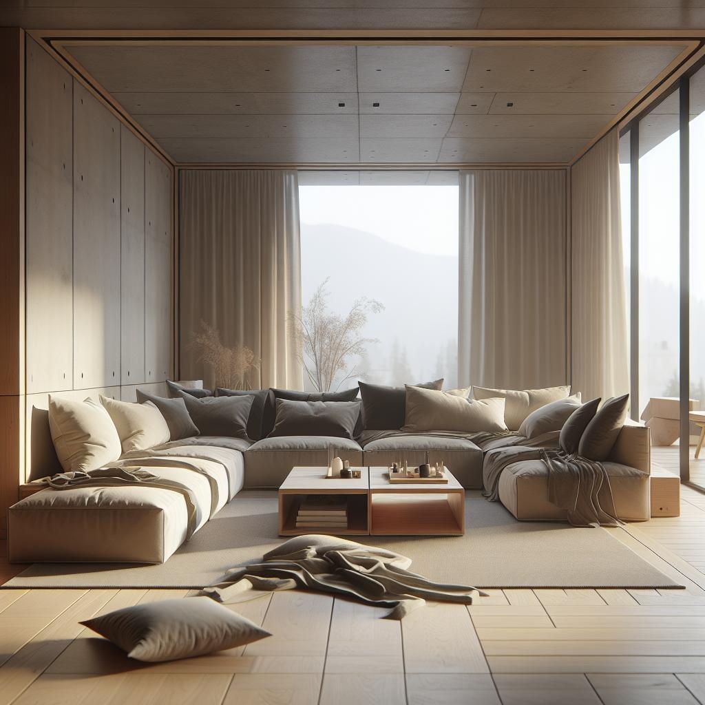 "Ruime minimalistische woonkamer met grote sectionele beige bank, houten vloer, moderne salontafel en panoramisch uitzicht op bergen door kamerhoge ramen"