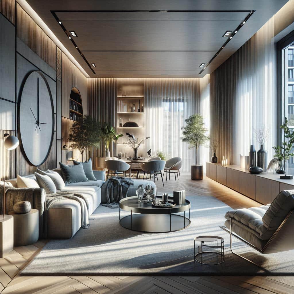 Moderne Scandinavische ruimte met luxe minimalistisch meubilair en sfeervolle verlichting.