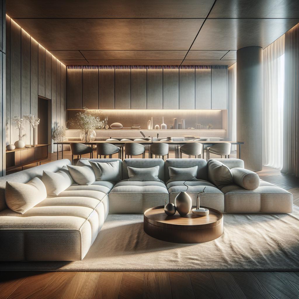 "Elegant interieur van een ruime woonkamer met modern design, grote comfortabele lichtgrijze hoekbank, houten elementen, sfeerverlichting en stijlvolle decoratie in een luxe minimalistische setting."