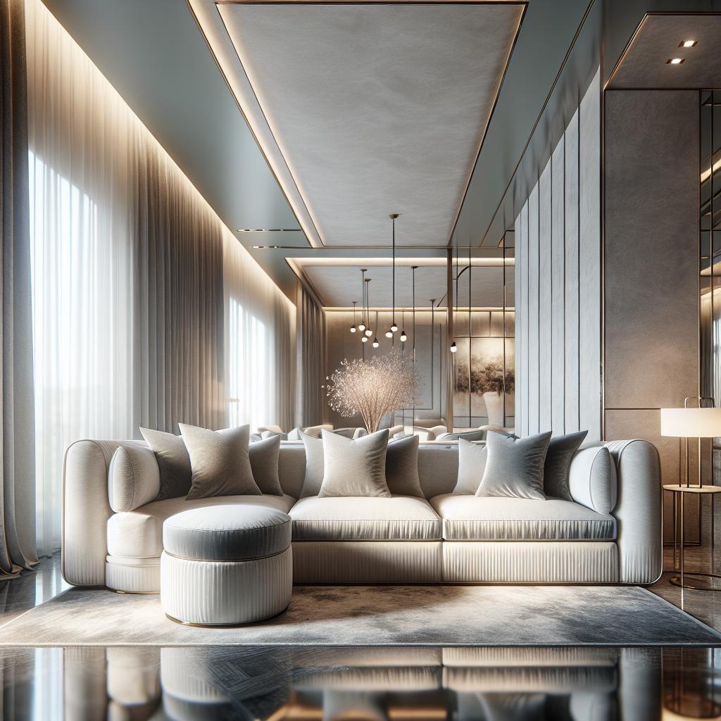 Elegante Scandinavische hoekbank in luxe hotel setting, 2024 interieur designtrends.